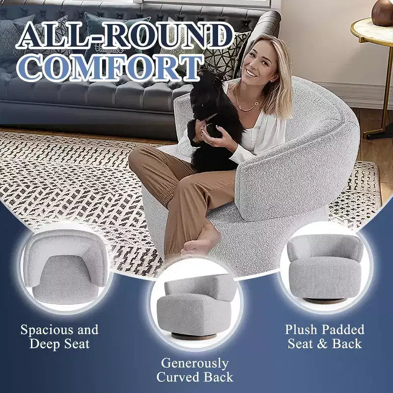 Poltrona Girevole Heynemo, Divano Lounge Completamente Assemblato con Base a 360 Gradi, Poltrona Tonda per Soggiorno, Camera da Letto, Ufficio, Avorio