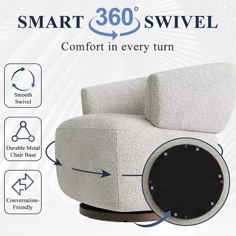 Poltrona Girevole Heynemo, Divano Lounge Completamente Assemblato con Base a 360 Gradi, Poltrona Tonda per Soggiorno, Camera da Letto, Ufficio, Avorio