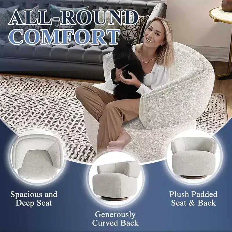 Poltrona Girevole Heynemo, Divano Lounge Completamente Assemblato con Base a 360 Gradi, Poltrona Tonda per Soggiorno, Camera da Letto, Ufficio, Avorio
