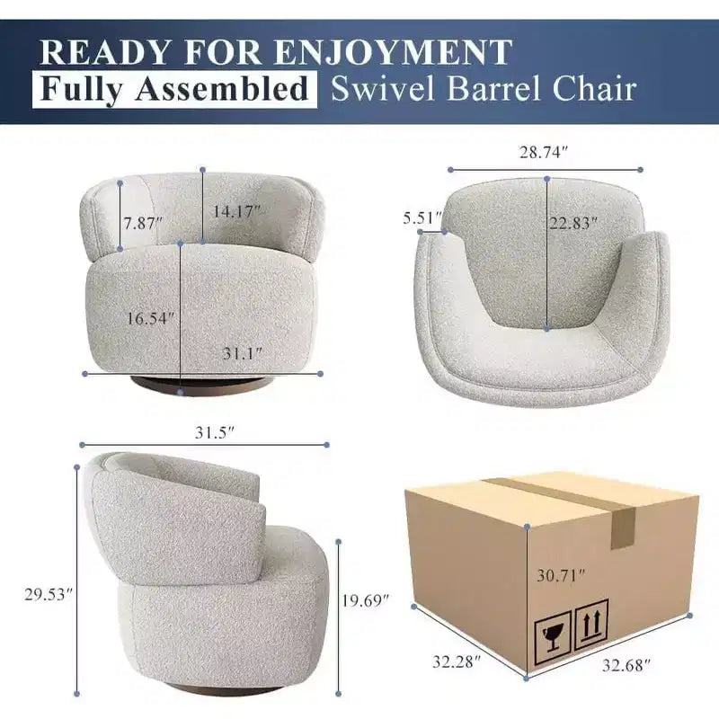 Poltrona Girevole Heynemo, Divano Lounge Completamente Assemblato con Base a 360 Gradi, Poltrona Tonda per Soggiorno, Camera da Letto, Ufficio, Avorio