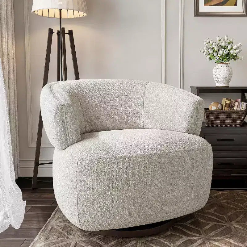 Poltrona Girevole Heynemo, Divano Lounge Completamente Assemblato con Base a 360 Gradi, Poltrona Tonda per Soggiorno, Camera da Letto, Ufficio, Avorio