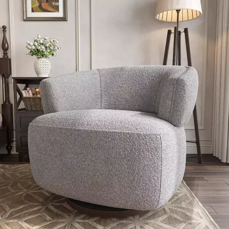 Poltrona Girevole Heynemo, Divano Lounge Completamente Assemblato con Base a 360 Gradi, Poltrona Tonda per Soggiorno, Camera da Letto, Ufficio, Avorio