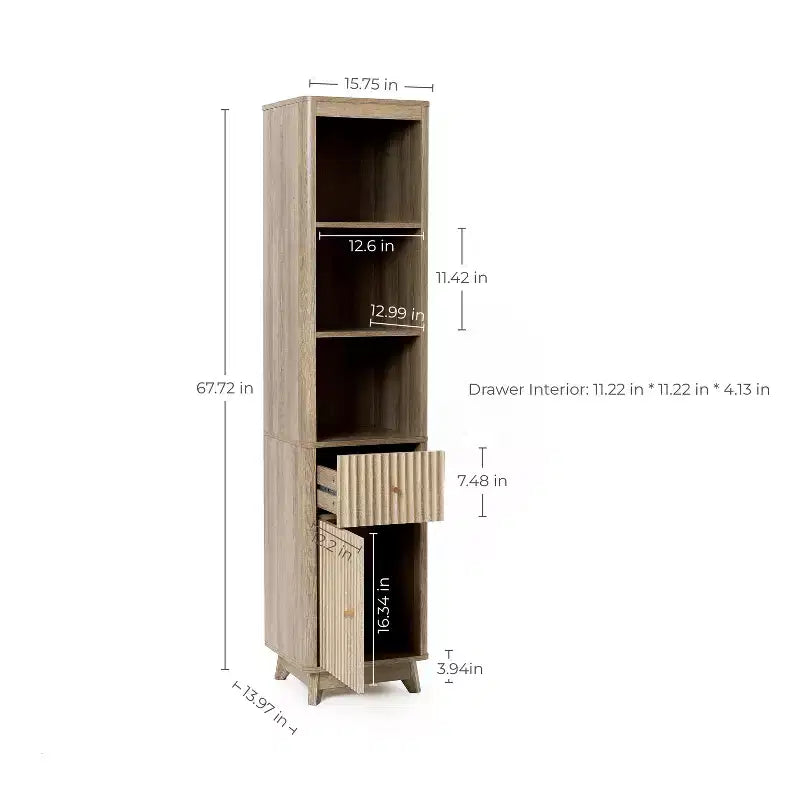 Mobiletto a torre da bagno LuxenHome, in legno multistrato, con finitura naturale, motivo a onde, 1 cassetto e 1 anta, colore marrone