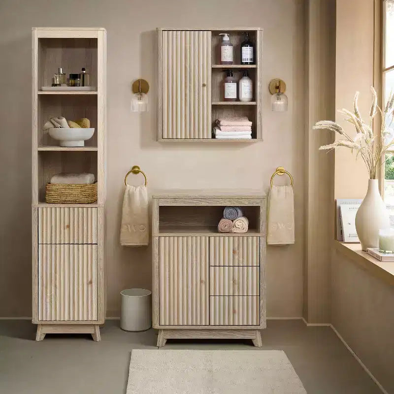 Mobiletto a torre da bagno LuxenHome, in legno multistrato, con finitura naturale, motivo a onde, 1 cassetto e 1 anta, colore marrone