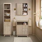 Mobiletto a torre da bagno LuxenHome, in legno multistrato, con finitura naturale, motivo a onde, 1 cassetto e 1 anta, colore marrone