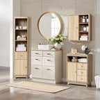 Mobiletto a torre da bagno LuxenHome, in legno multistrato, con finitura naturale, motivo a onde, 1 cassetto e 1 anta, colore marrone