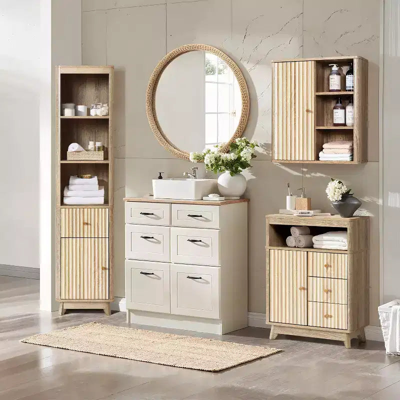 Mobiletto a torre da bagno LuxenHome, in legno multistrato, con finitura naturale, motivo a onde, 1 cassetto e 1 anta, colore marrone