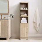 Mobiletto a torre da bagno LuxenHome, in legno multistrato, con finitura naturale, motivo a onde, 1 cassetto e 1 anta, colore marrone
