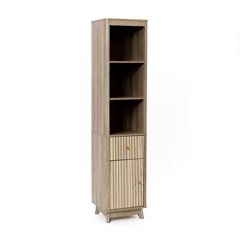 Mobiletto a torre da bagno LuxenHome, in legno multistrato, con finitura naturale, motivo a onde, 1 cassetto e 1 anta, colore marrone