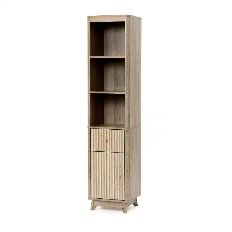 Mobiletto a torre da bagno LuxenHome, in legno multistrato, con finitura naturale, motivo a onde, 1 cassetto e 1 anta, colore marrone