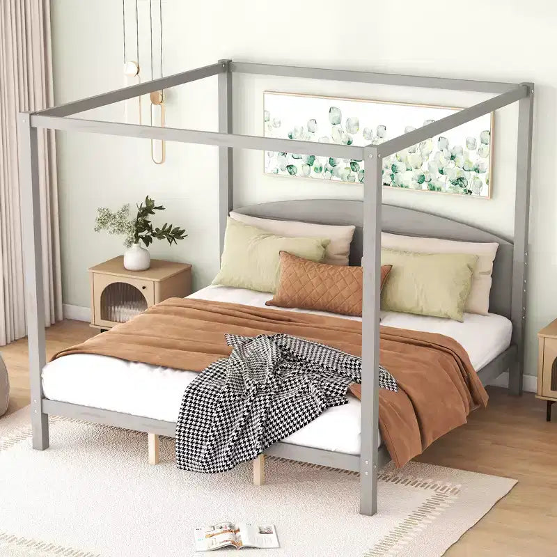 Letto a baldacchino King Size in stile minimalista Whisen con testiera curva e gambe di supporto in legno