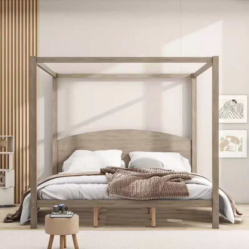 Letto a baldacchino King Size in stile minimalista Whisen con testiera curva e gambe di supporto in legno