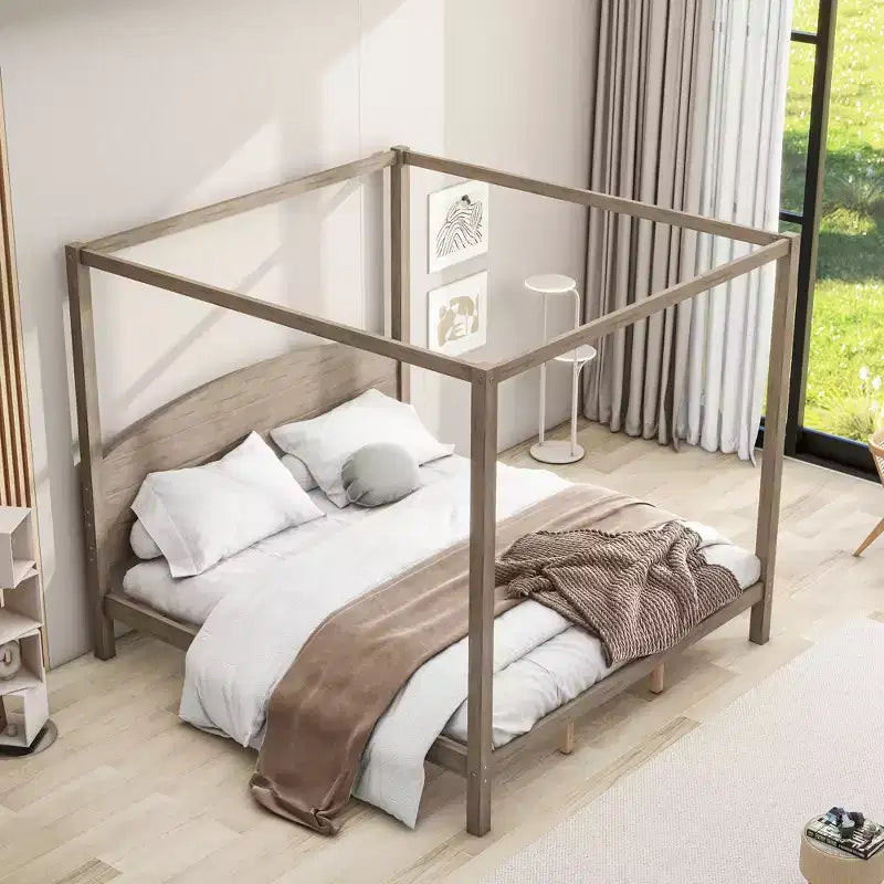 Letto a baldacchino King Size in stile minimalista Whisen con testiera curva e gambe di supporto in legno