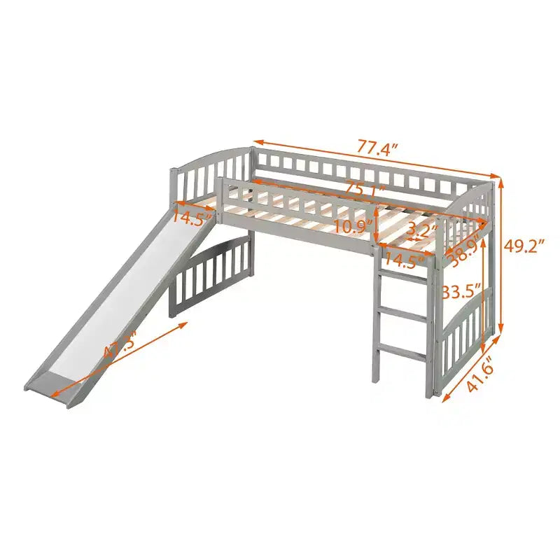 Whisen Letto a soppalco in legno con scivolo e scaletta, 196.6 cm L x 225.8 cm W, misura singola