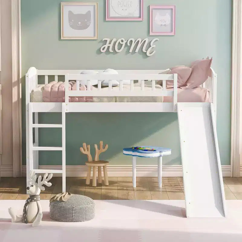 Whisen Letto a soppalco in legno con scivolo e scaletta, 196.6 cm L x 225.8 cm W, misura singola