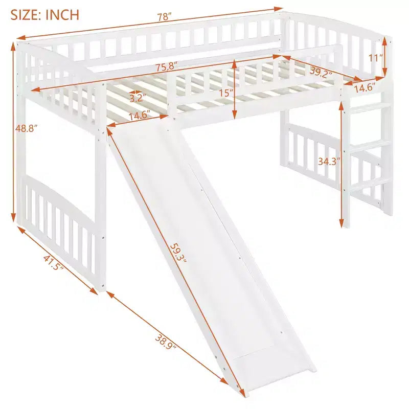 Whisen Letto a soppalco in legno con scivolo e scaletta, 196.6 cm L x 225.8 cm W, misura singola