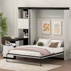 Full Size Wall Murphy Bed Multifunctional Foldable Platform Bedframe with Desk, Storage Shelves and Cabinets, Black+White-ModernLuxe