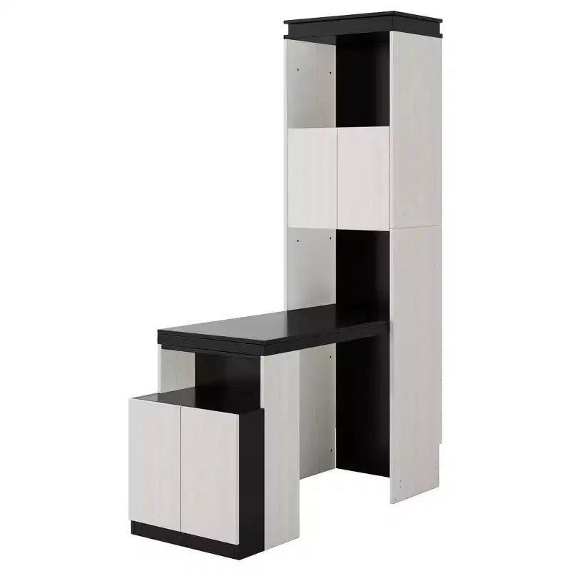 Letto a muro Murphy a grandezza naturale, multifunzionale, pieghevole, con scrivania, mensole e armadietti, nero+bianco-ModernLuxe