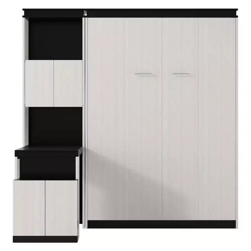 Letto a muro Murphy a grandezza naturale, multifunzionale, pieghevole, con scrivania, mensole e armadietti, nero+bianco-ModernLuxe