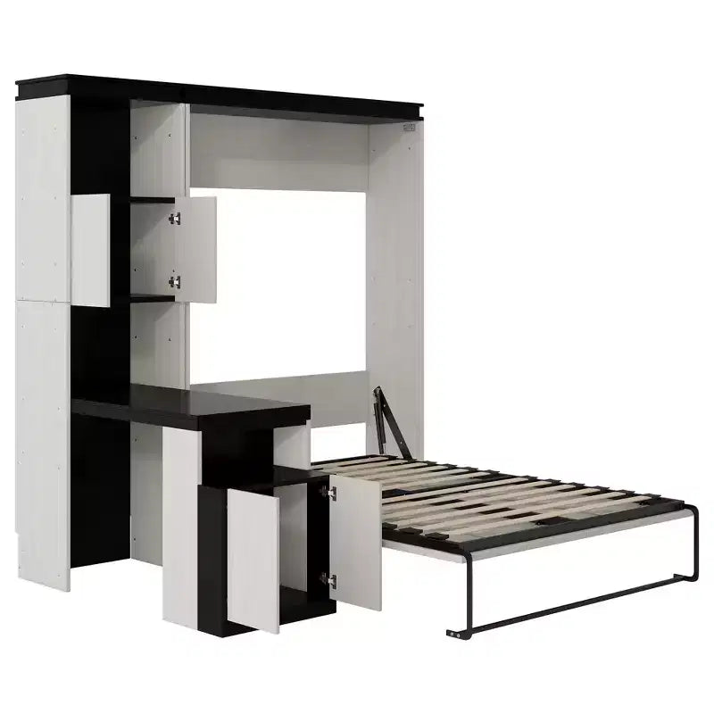 Letto a muro Murphy a grandezza naturale, multifunzionale, pieghevole, con scrivania, mensole e armadietti, nero+bianco-ModernLuxe
