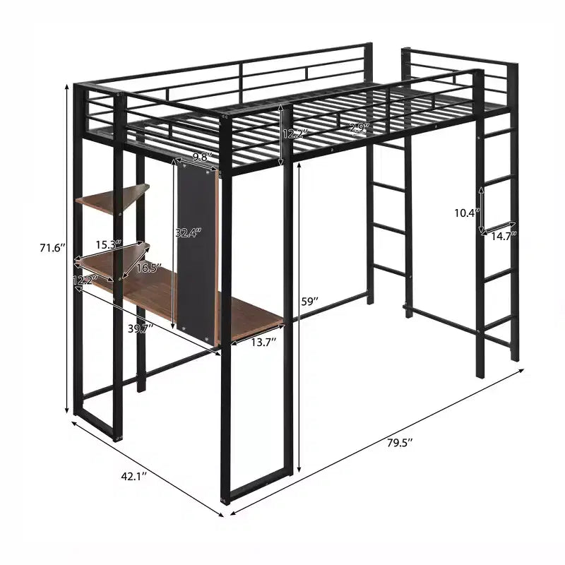 Whisen 42.1'' L x 79.5'' P Letto a soppalco in metallo con scrivania, mensola e scaletta integrati, struttura robusta in metallo