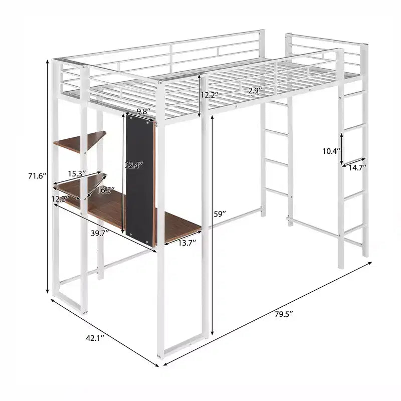Whisen 42.1'' L x 79.5'' P Letto a soppalco in metallo con scrivania, mensola e scaletta integrati, struttura robusta in metallo