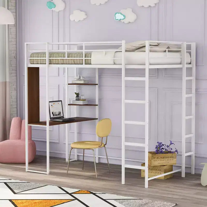 Whisen 42.1'' L x 79.5'' P Letto a soppalco in metallo con scrivania, mensola e scaletta integrati, struttura robusta in metallo