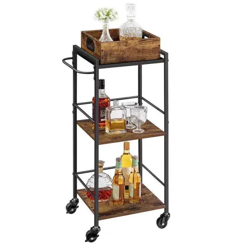 Carrello da Cucina a 3 Livelli con Vassoio Rimovibile, 30 x 35 x 86 cm, Marrone Rustico e Nero, Ruote con Freni e Piedini Livellatori.