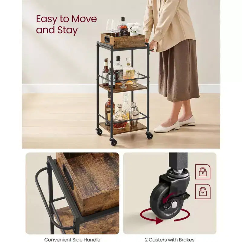 Carrello da Cucina a 3 Livelli con Vassoio Rimovibile, 30 x 35 x 86 cm, Marrone Rustico e Nero, Ruote con Freni e Piedini Livellatori.