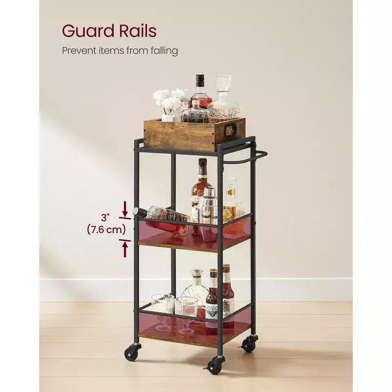 Carrello da Cucina a 3 Livelli con Vassoio Rimovibile, 30 x 35 x 86 cm, Marrone Rustico e Nero, Ruote con Freni e Piedini Livellatori.
