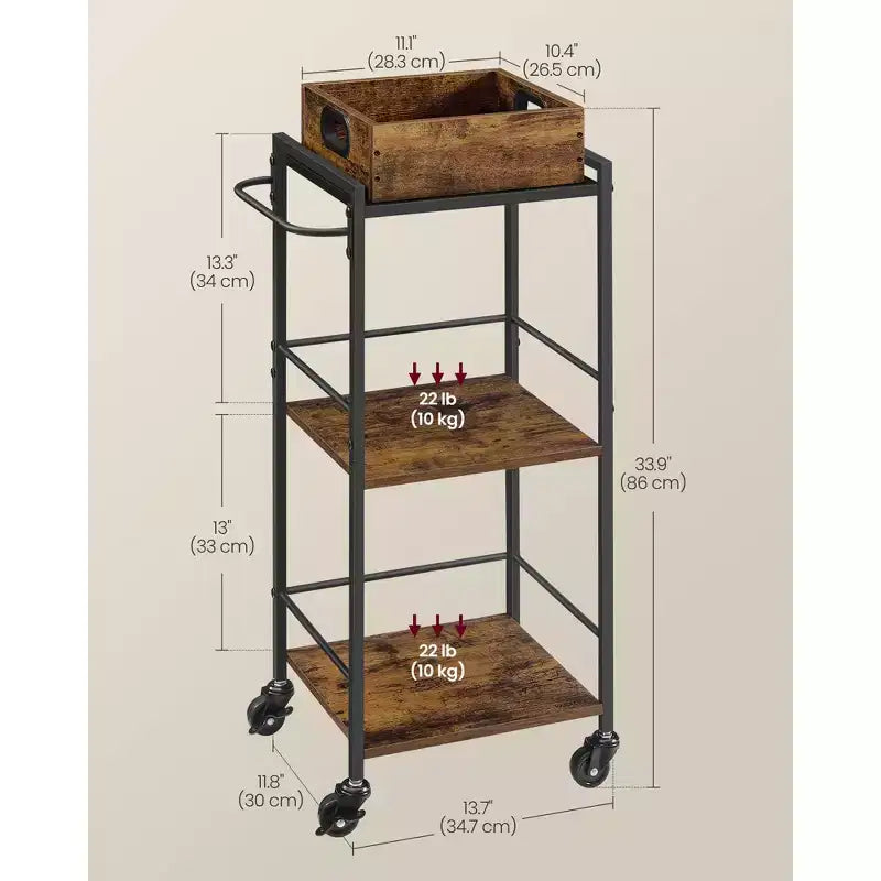 Carrello da Cucina a 3 Livelli con Vassoio Rimovibile, 30 x 35 x 86 cm, Marrone Rustico e Nero, Ruote con Freni e Piedini Livellatori.