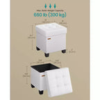 Pouf contenitore a cubo da 38x38x40 cm con gambe. Capacità 37 L. Poggiapiedi in pelle sintetica.