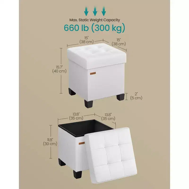 Pouf contenitore a cubo da 38x38x40 cm con gambe. Capacità 37 L. Poggiapiedi in pelle sintetica.