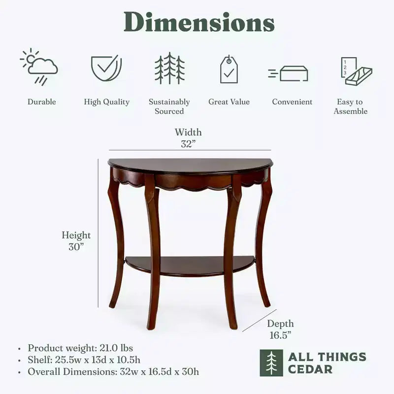 Tavolo console semicircolare in legno All Things Cedar con ripiano inferiore per soggiorno e ingresso, mobili d'accento, accenti classici, ciliegio