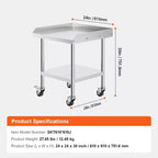 VEVOR Tavolo da Lavoro in Acciaio Inox, Tavolo da Lavoro Commerciale per la Preparazione degli Alimenti da 61 x 61 x 76 cm con 4 Ruote, Rotelle, Paraspruzzi su 3 Lati, Tavolo da Lavoro Resistente
