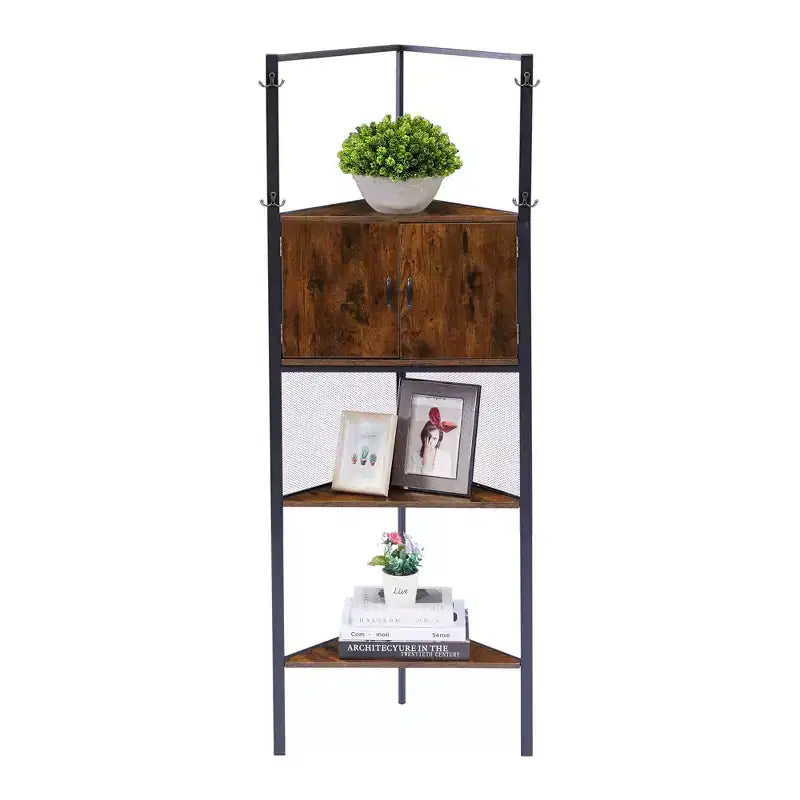 VECELO Mobiletto ad angolo, Scaffale alto con ripiani triangolari in legno, Libreria salvaspazio, Marrone