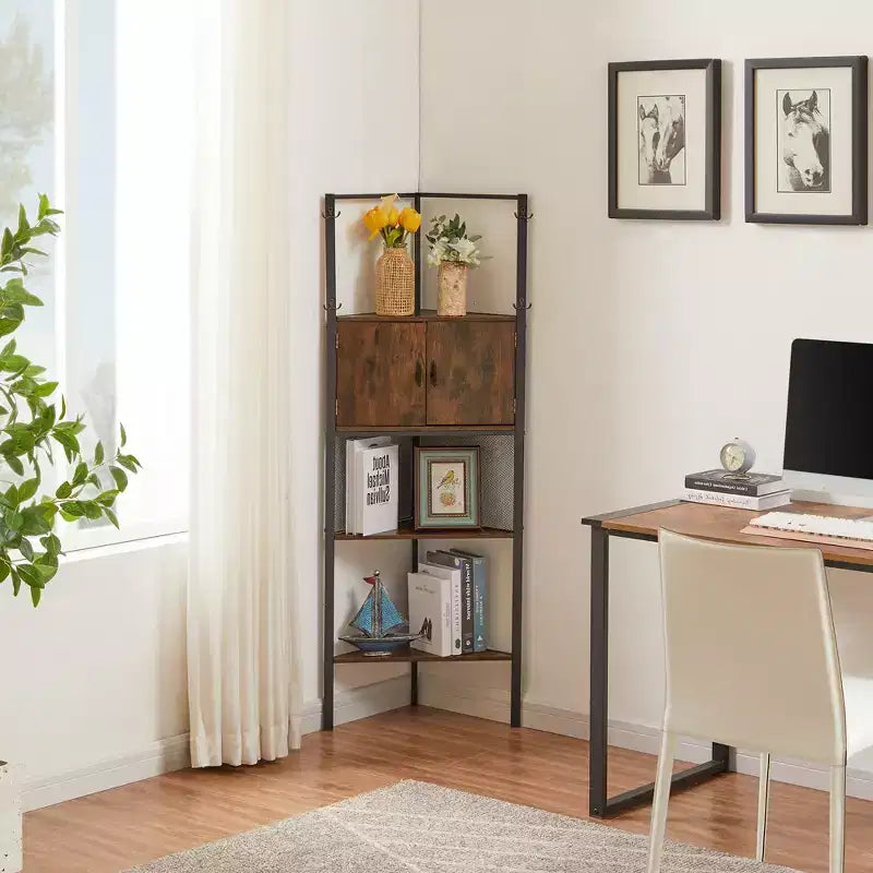 VECELO Mobiletto ad angolo, Scaffale alto con ripiani triangolari in legno, Libreria salvaspazio, Marrone