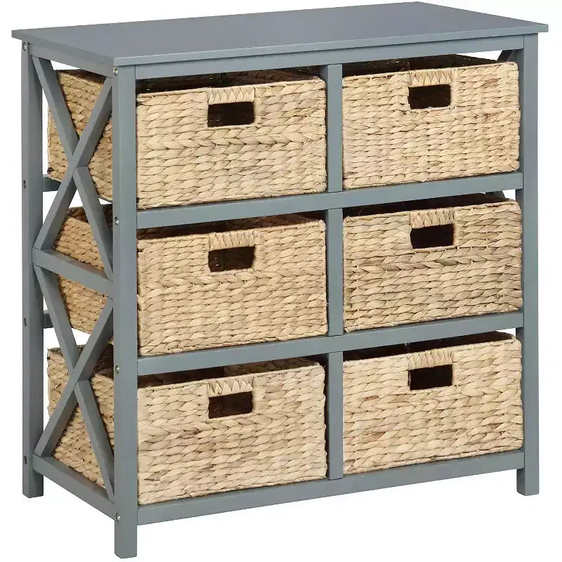 Cassettiera a 3 livelli con struttura a X e 6 cestini in giacinto d'acqua naturale di eHemco