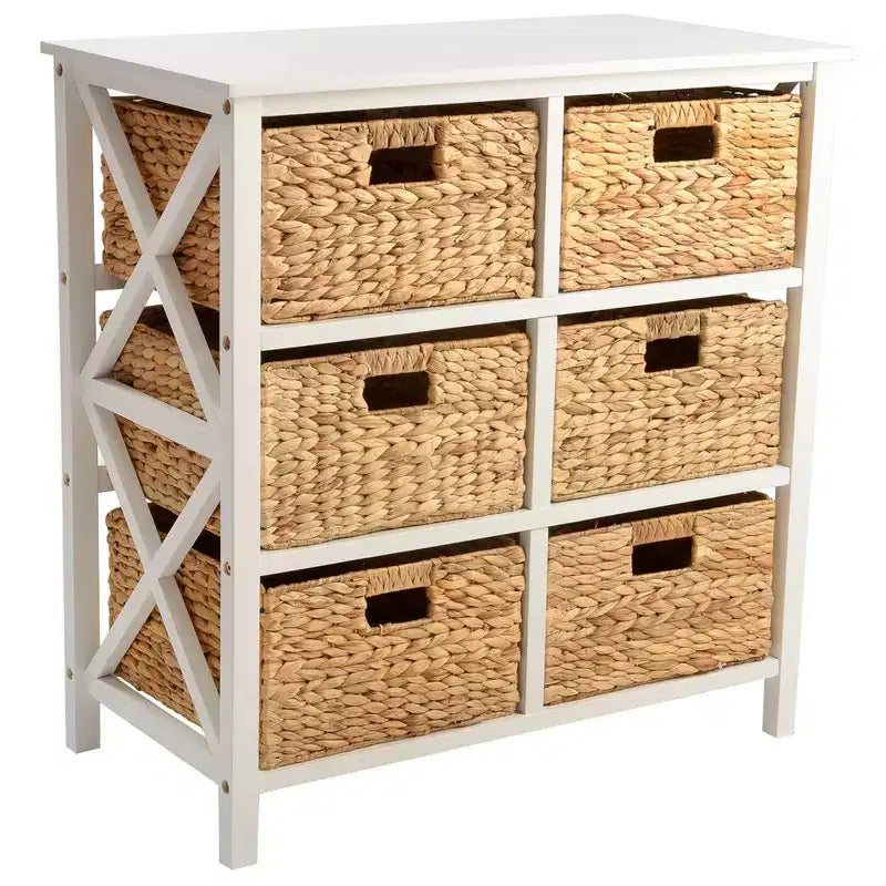 Cassettiera a 3 livelli con struttura a X e 6 cestini in giacinto d'acqua naturale di eHemco