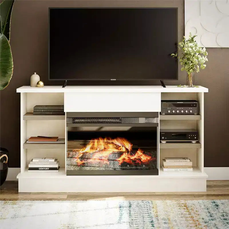 Consolle Oslo con camino per TV da 65", gesso e rovere biondo