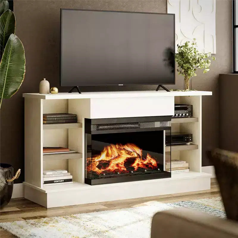 Consolle Oslo con camino per TV da 65", gesso e rovere biondo