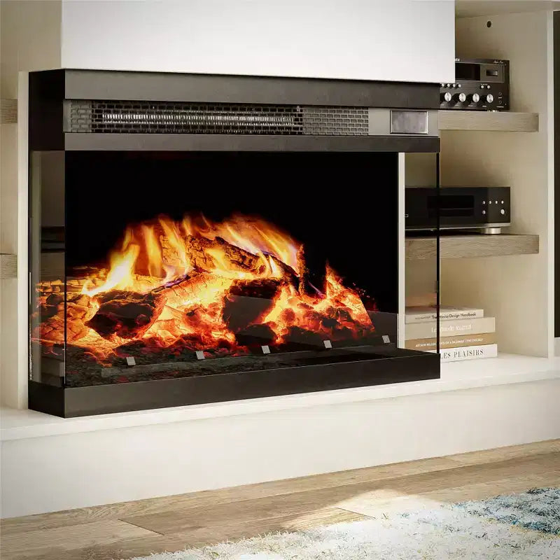 Consolle Oslo con camino per TV da 65", gesso e rovere biondo