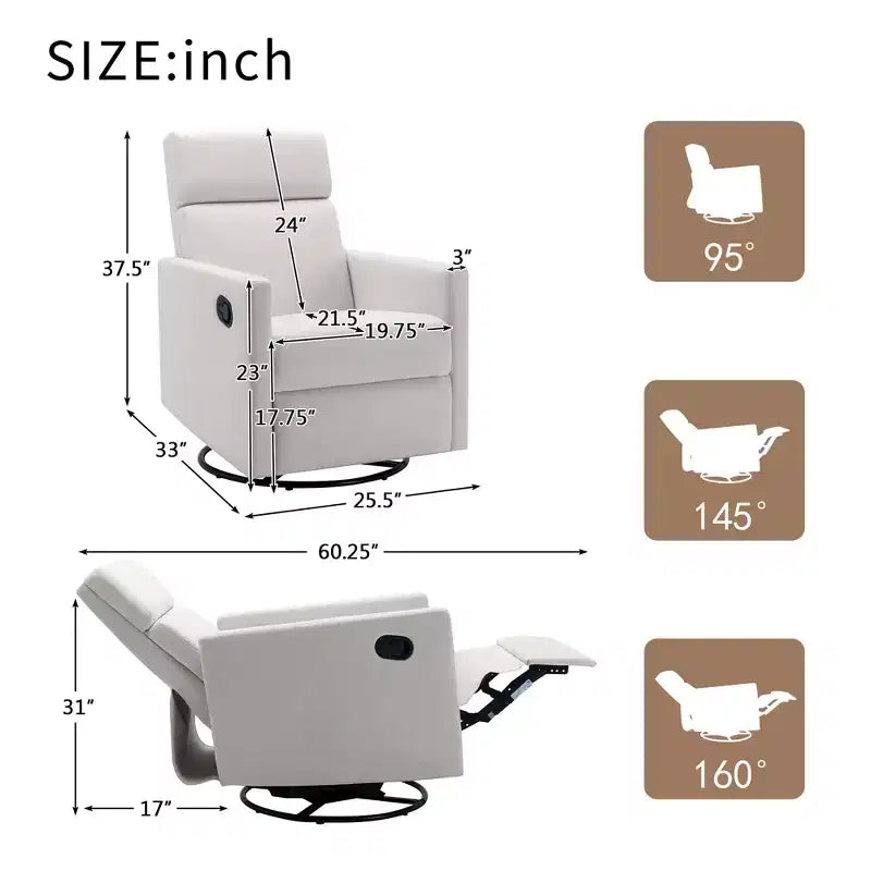 Poltrona reclinabile a dondolo girevole 25,5W, sedia da asilo imbottita moderna sedia a dondolo per soggiorno camera da letto-ModernLuxe