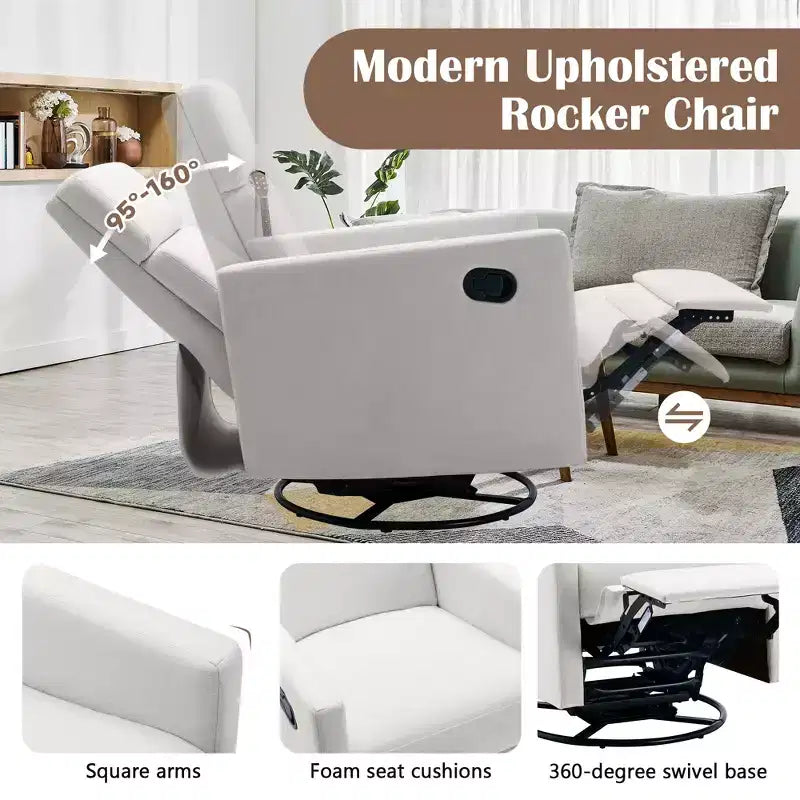 Poltrona reclinabile a dondolo girevole 25,5W, sedia da asilo imbottita moderna sedia a dondolo per soggiorno camera da letto-ModernLuxe
