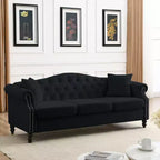 Divano Chesterfield 3 posti in velluto nero da 79 pollici con design trapuntato - Divano a 3 posti con braccioli arrotolati e finiture borchiate per il soggiorno (3S+3S)