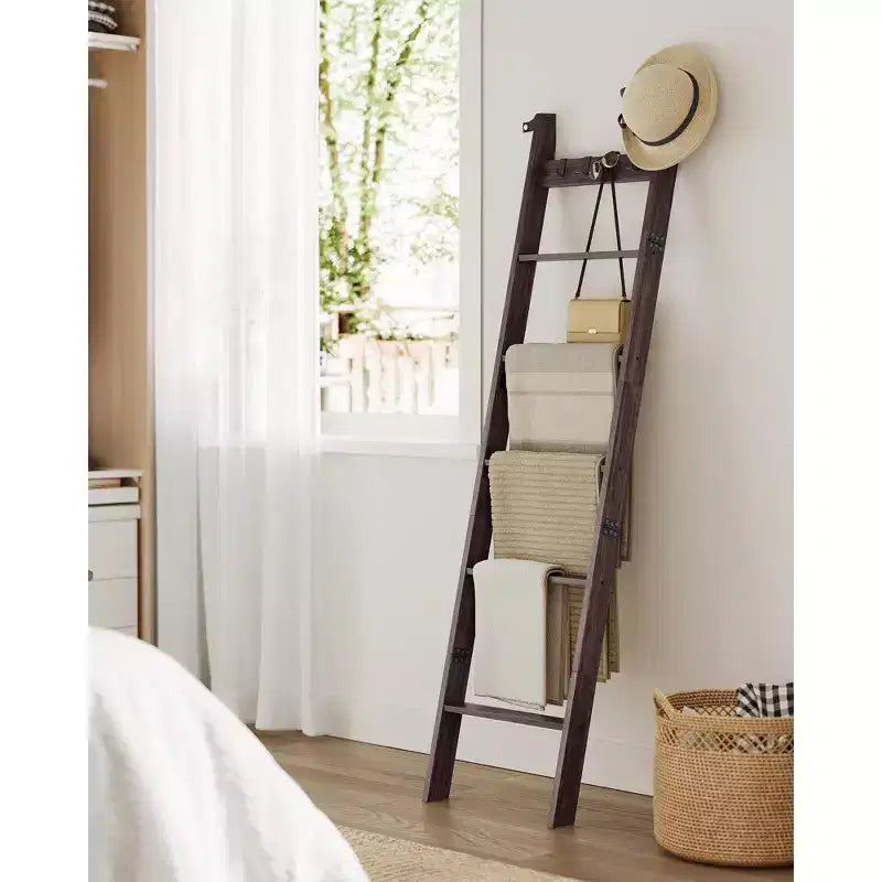 6-Tier Blanket Ladder with 4 Hooks, Rustic Farmhouse Storage Rack for Towels, Throws & Decor, Maroon Brown