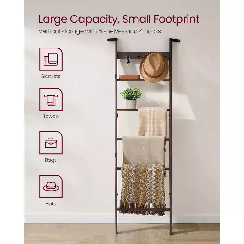 Scala Portasciugamani a 6 Livelli con 4 Ganci, Scaffale Portaoggetti Rustico in Stile Fattoria per Asciugamani, Coperte e Decorazioni, Marrone Bordeaux
