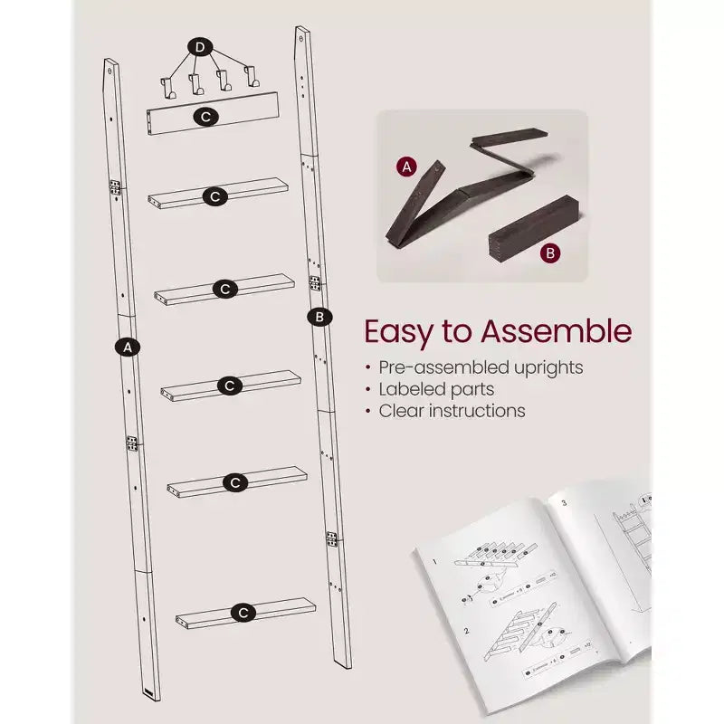 Scala Portasciugamani a 6 Livelli con 4 Ganci, Scaffale Portaoggetti Rustico in Stile Fattoria per Asciugamani, Coperte e Decorazioni, Marrone Bordeaux