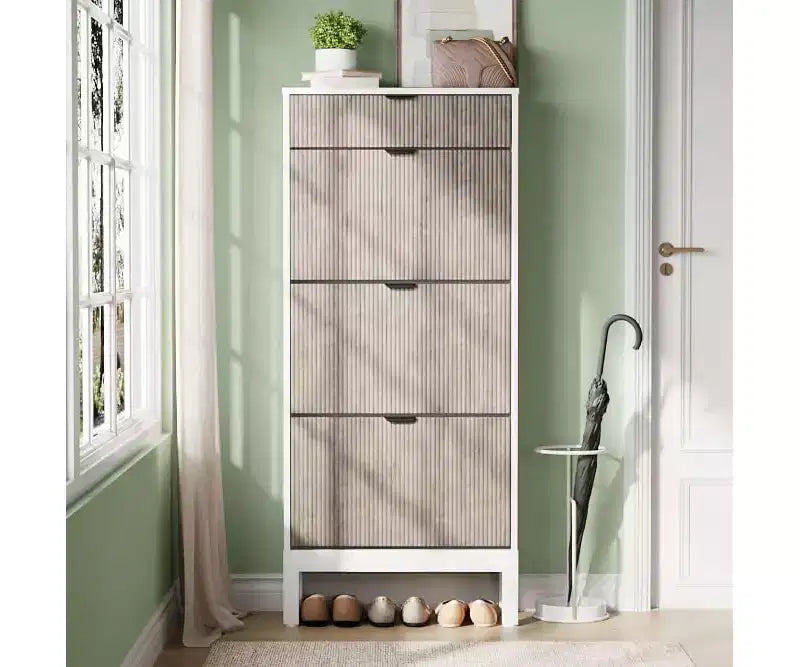 Garvee 3-Drawer Shoe Cabinet - Farmhouse Fluted Design w/Metal Legs, Slim Entryway Organizer for Foyer/Hallway, White+oak/Black+oak/White+grey