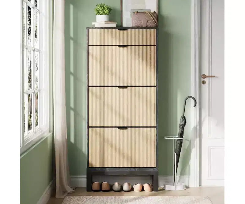 Scarpiera Garvee a 3 cassetti - Design scanalato stile rustico con gambe in metallo, organizer sottile per ingresso/corridoio, Bianco+rovere/Nero+rovere/Bianco+grigio